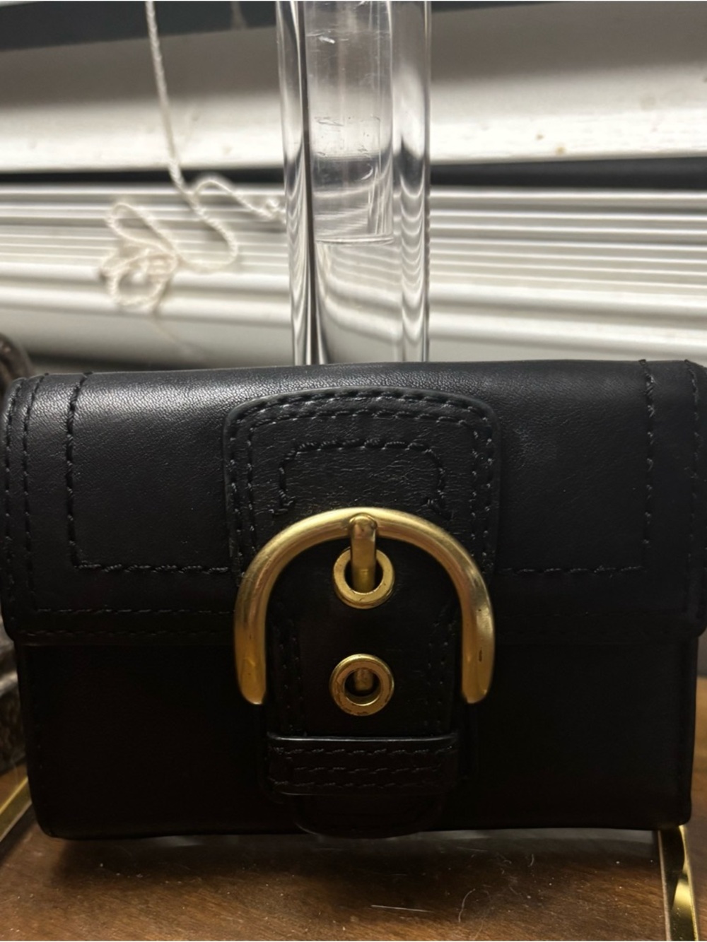 Coach Black Leather Mini Wallet with Gold Buckle